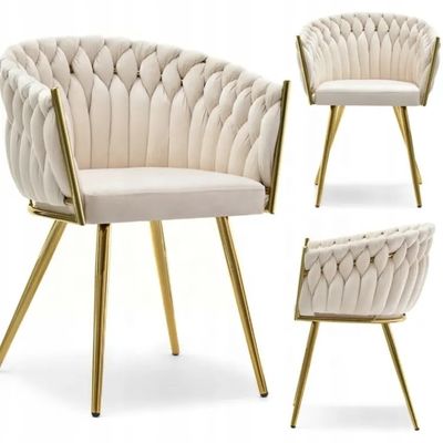 Woven Velvet Fabric Armchair Cream Upholstered Dining Chairs For Bedroom